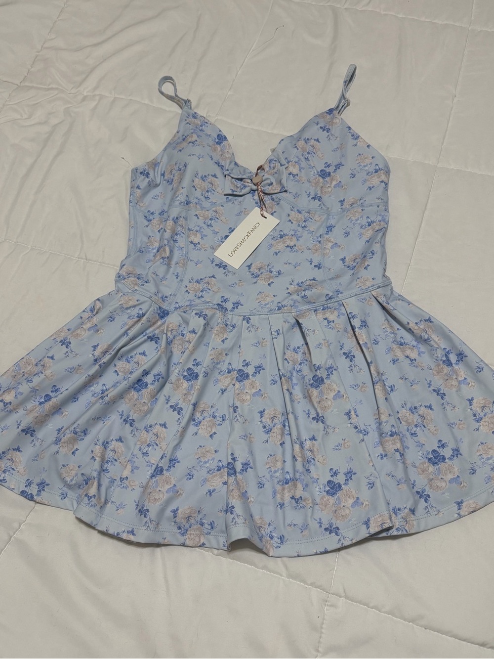 LoveShackFancy Light Blue Floral Bow-Accent Dress
